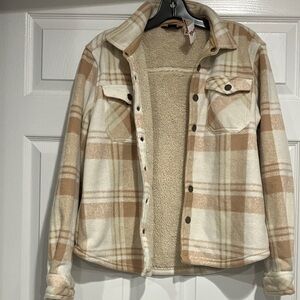 NWT (flawed) Eddie Bauer Kids Flannel Fleece-Lined Jacket - Cream and Tan